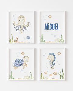 Quadro Infantil Personalizado Fundo do Mar Aquarela Miguel