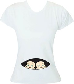 Camiseta Gestante Bebê espiando na barriga gemeos