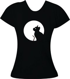 Camiseta Halloween Gato preto e Lua cheia - Adulto feminina