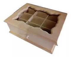 Caja de Te 8 divisiones con vidrio y cajón