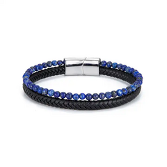 Pulseira Couro Lápis lazuli Fecho em Aço Inoxidável