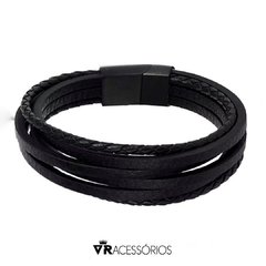 Pulseira Couro All Black Fecho em Aço Inoxidável