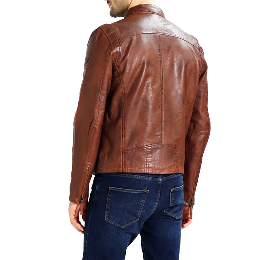 Chaqueta Cuero Hombre Estilo Cafe Racer Brown-beige KL