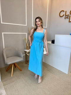 Vestido viscolinho c/ cinto azul turquesa