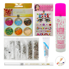 Combo Glitter Brillo Strass Gemas Autoadhesivas + Pegamento