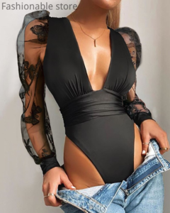 Body preto manga tule bordada Ref 9036