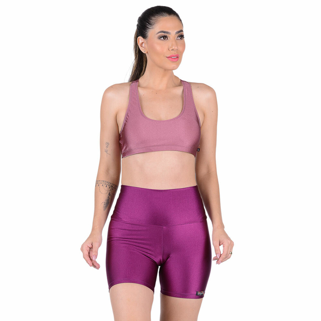 Conjunto Fitness Cirrê Top Com Bojo Removível e Short Cós Alto Rosa