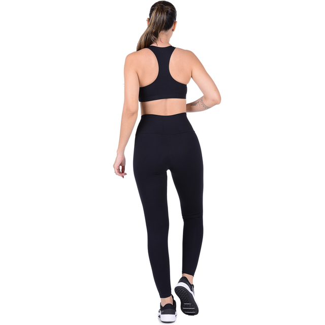 Conjunto Fitness Suplex Top Com Bojo Removível e Calça Cós Alto Preto