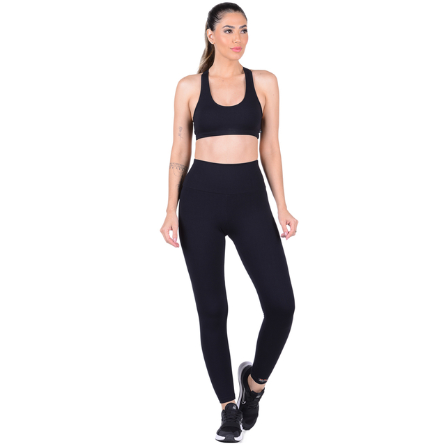 Conjunto Fitness Suplex Top Com Bojo Removível e Calça Cós Alto Preto