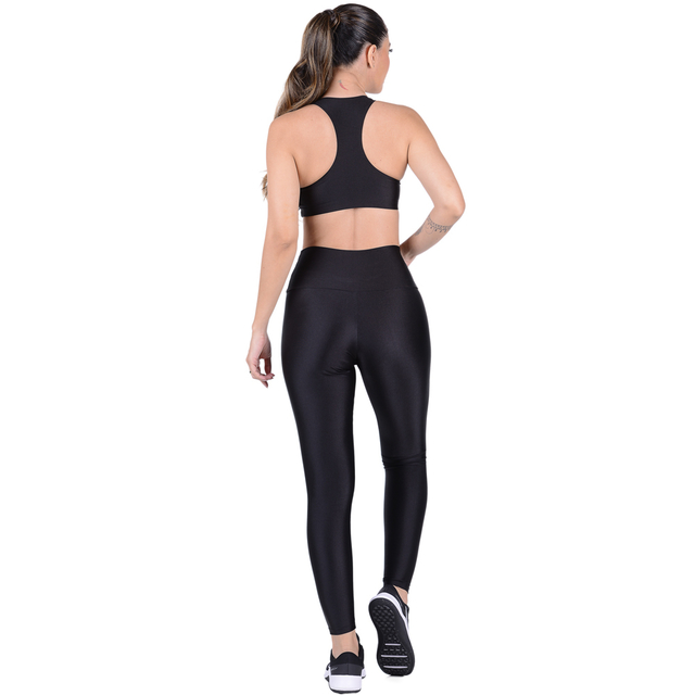 Conjunto Fitness Cirrê Top Com Bojo Removível e Calça Cós Alto Preto