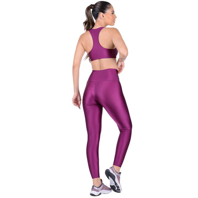 Conjunto Fitness Cirrê Top Com Bojo Removível e Calça Cós Alto Roxo