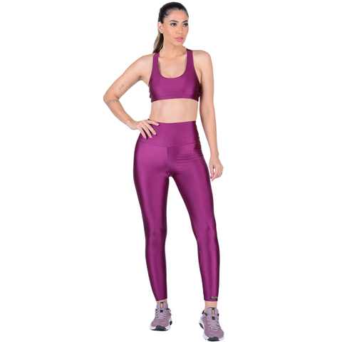 Conjunto Fitness Cirrê Top Com Bojo Removível e Calça Cós Alto Roxo