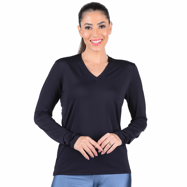 Blusa Preta Feminina de Manga Longa para treino e com decote V