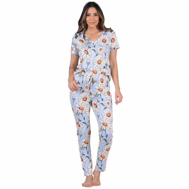 Pijama Feminino Calça e Blusa Manga Curta Summer Soul - Floral Azul