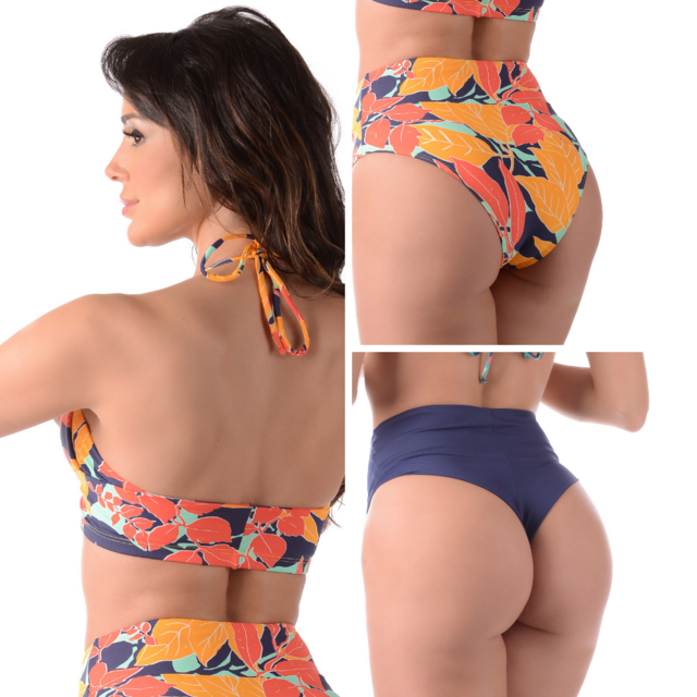 KIT 3 PEÇAS BIQUÍNI COM BOJO HOT PANTS ESTAMPADO LARANJA