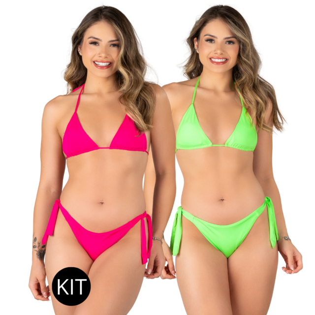 KIT 2 Peças Biquíni Cortininha Empina Bumbum Com Amarração Pink e Verde Neon