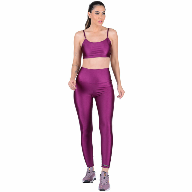 Conjunto Fitness Cirrê Top Com Bojo Removível e Calça Cós Alto Roxo