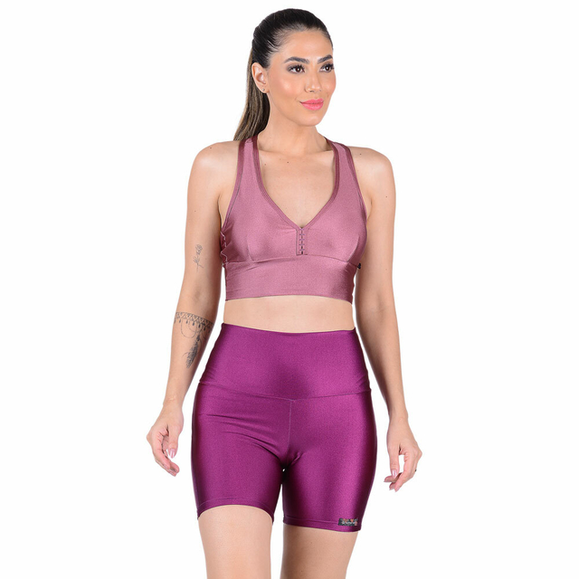 Conjunto Fitness Cirrê Top Com Bojo Removível e Short Cós Alto Rosa