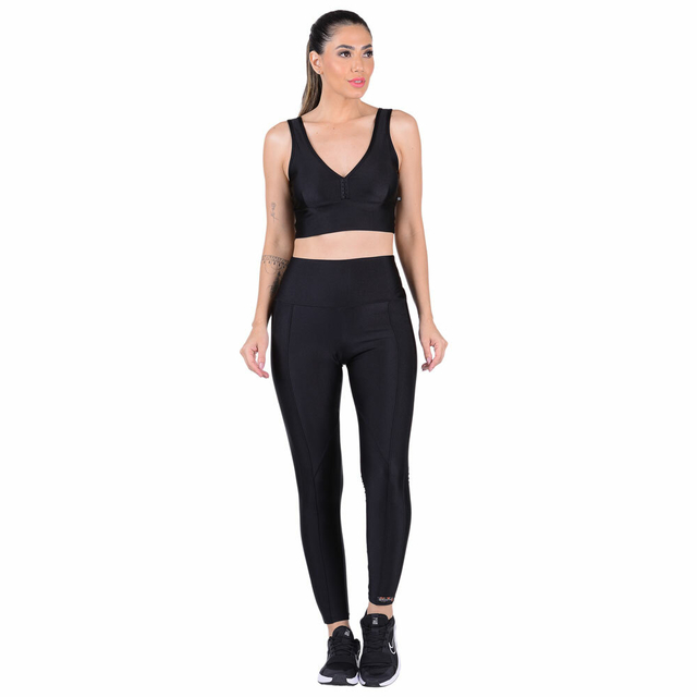 Conjunto Fitness Cirrê Top Com Bojo Removível e Calça Cós Alto Preto