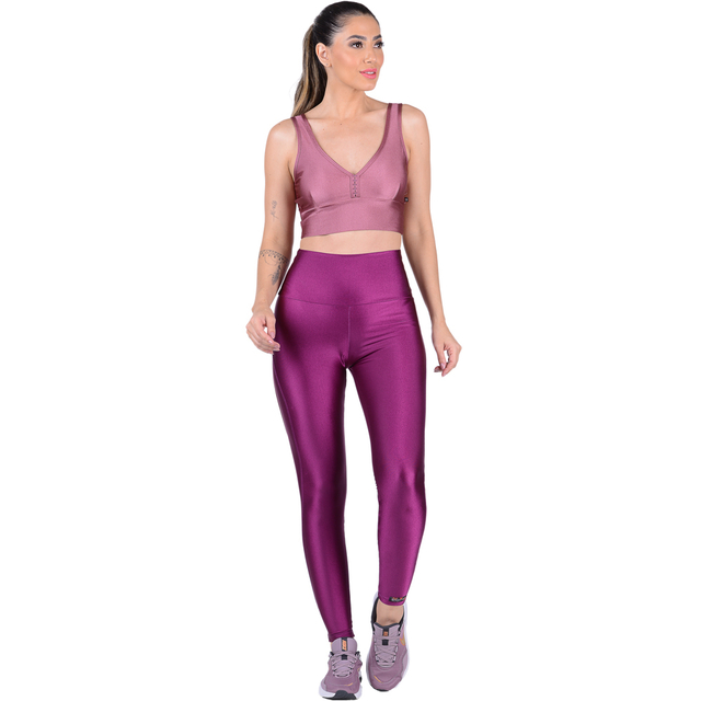 Conjunto Fitness Cirrê Top Com Bojo Removível e Calça Cós Alto Rosa