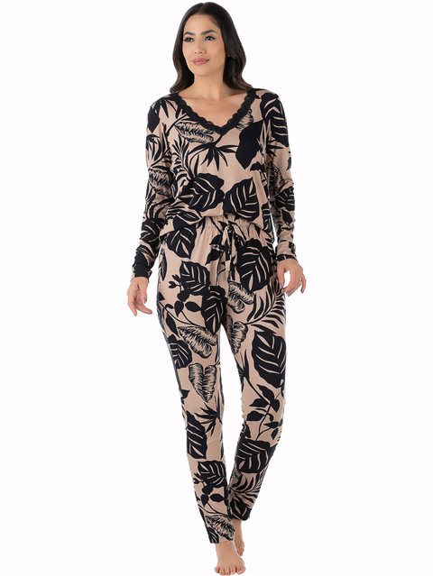 Pijama Feminino Longo Estampado Marrom