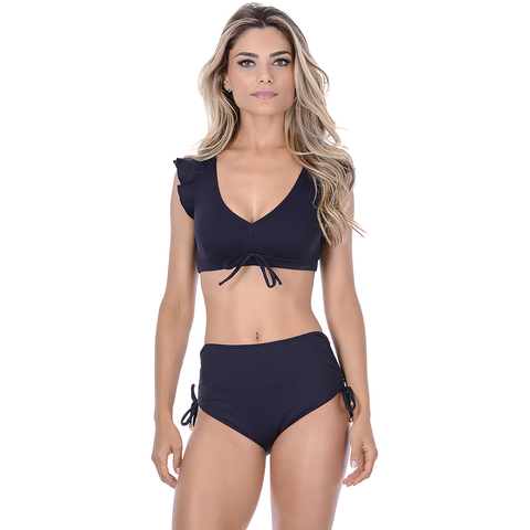 Top Biquíni Cropped Com Babado Preto Summer Soul - Summer Soul