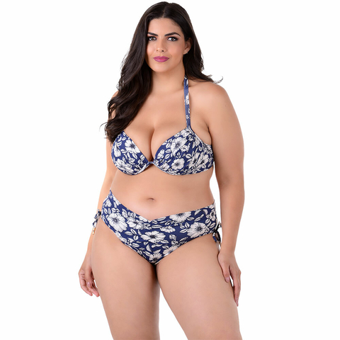 Biquíni Plus Size Cintura Alta Com Bojo Estampado Azul