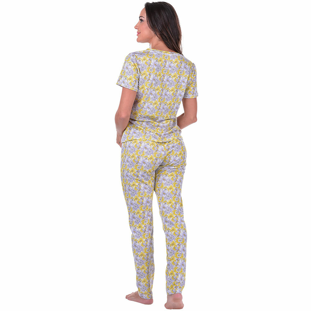 Pijama Feminino Calça e Blusa Manga Curta Summer Soul - Floral Amarelo