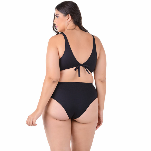 Biquíni Plus Size Cintura Alta Sem Bojo Liso Preto