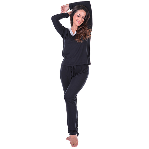 Pijama Feminino Inverno Adulto Longo Preto Summer Soul