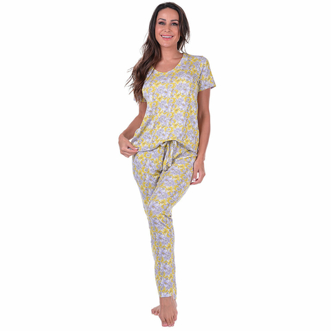 Pijama Feminino Calça e Blusa Manga Curta Summer Soul - Floral Amarelo