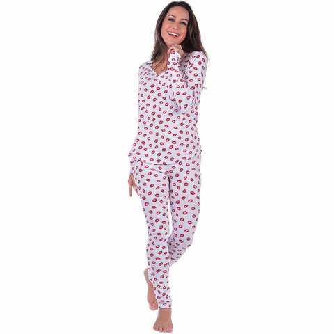 Pijama Feminino Inverno Adulto Longo Summer Soul - Kiss Vermelho