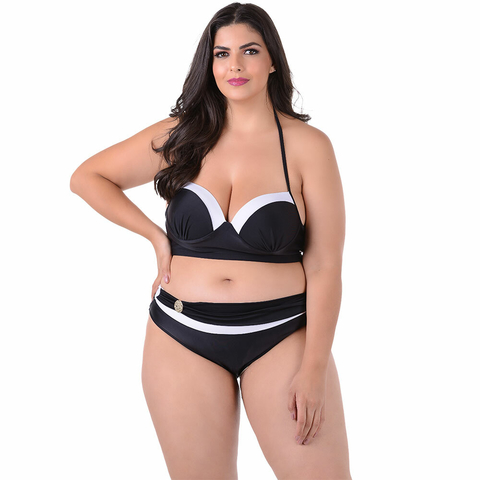 Top Biquíni Plus Size Com Bojo Meia Taça Liso Preto e Branco - Summer Soul