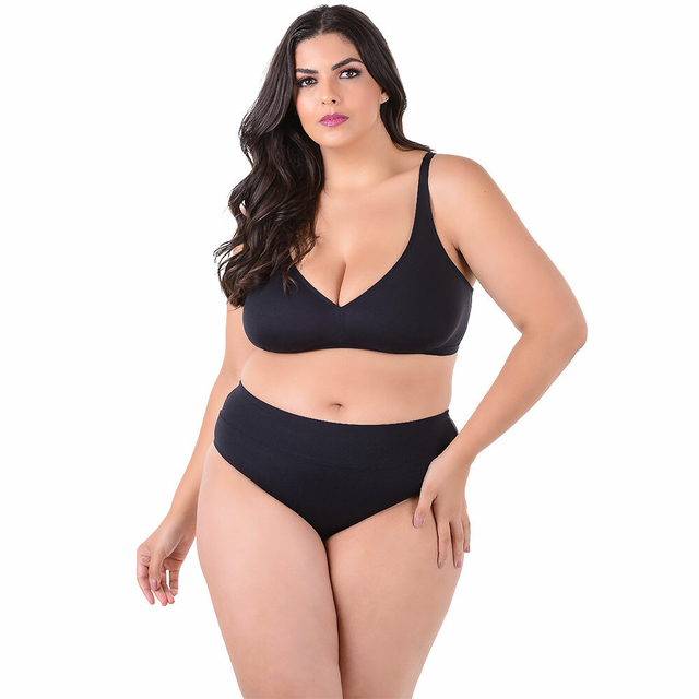 Biquíni Plus Size Cintura Alta Sem Bojo Liso Preto