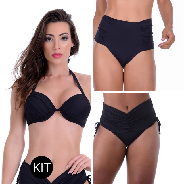 Kit 3 Peças Biquíni Com Bojo Hot Pants Liso Preto