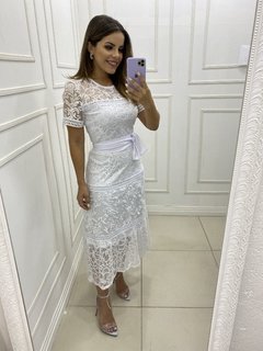 Vestido Midi Branco organza bordada com renda - comprar online