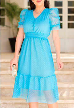 Vestido em Tule Poá Azul Capri Moda Evangélica - Solo Moda Evangélica