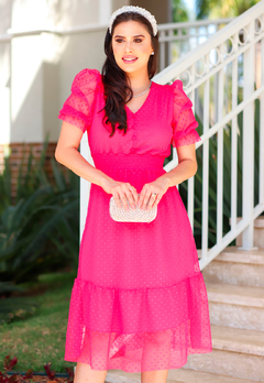 Vestido em Tule Poá Rosa Pink Moda Evangélica - comprar online