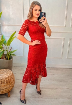 Vestido Midi em Renda Terracota Moda Evangélica - loja online