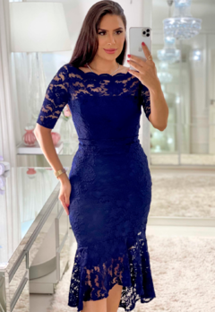 Vestido Midi em Renda Azul Moda Evangélica - comprar online