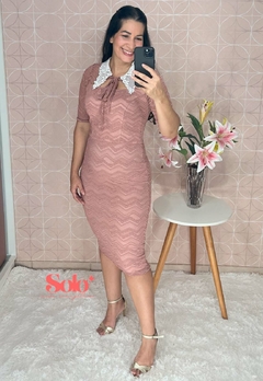 Vestido Midi em Renda Rosé Gold Moda Evangélica Rozy