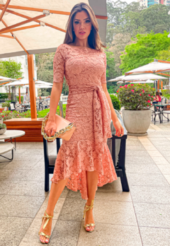 Vestido Midi em Renda Nude Moda Evangélica