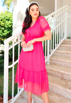 Imagem do Vestido em Tule Poá Rosa Pink Moda Evangélica