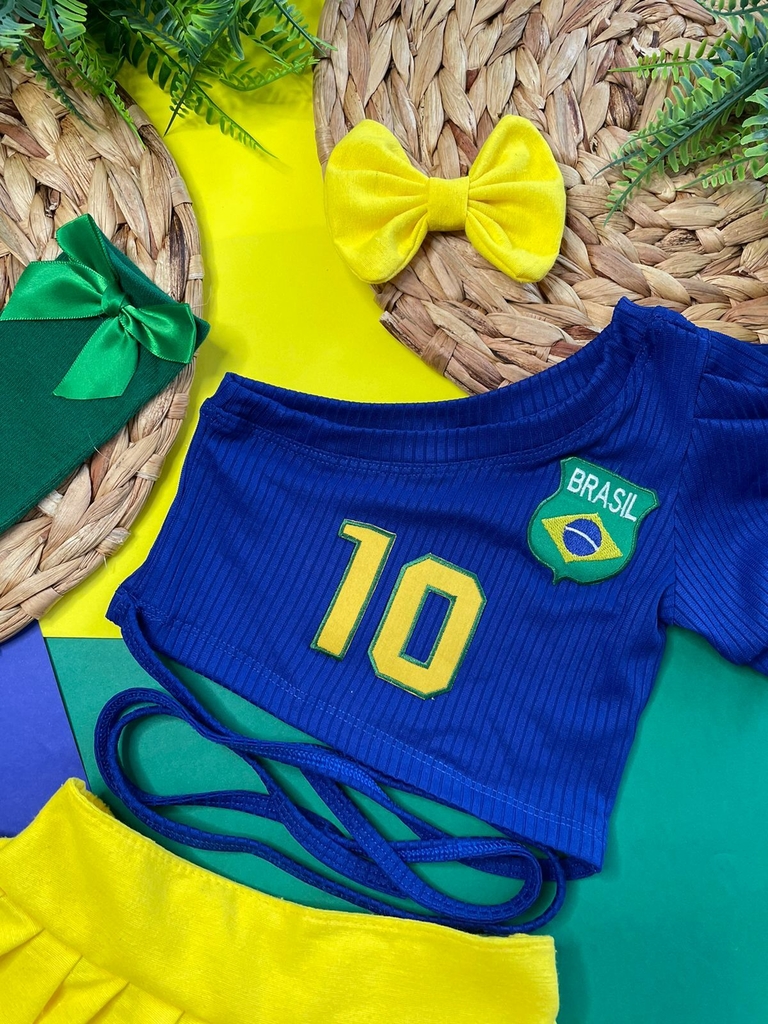 Conjunto BRASIL Copa do Mundo (Saia Short Amarelo + Cropped Azul + Laço de  Cabelo)