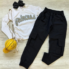 Conjunto Princess Calça Jogger Bolso Cargo + Blusa Canelada Franzida