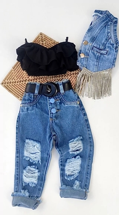 Conjunto Jeans 3 Peças Glamour (Calça Jeans + Colete Jeans Franja Strass + Cropped)