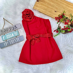 Vestido Vermelho Linho com Paetê Ombro Único Frufru com Cinto