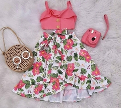 Conjunto Mullet Floral Rosa e Verde (saia + cropped)