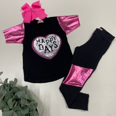 Conjunto Rosa Metalizado Calça Montaria + Blusa Happy Days