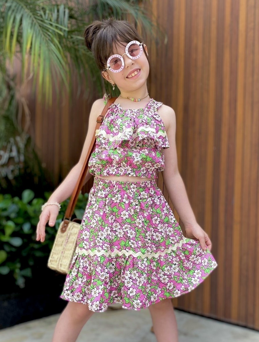 Conjunto Romper Flora Xadrez Rosa - TRÉSS KIDS